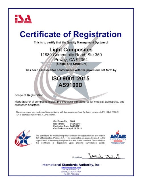 Light Composites (LTC) Announces Third Party Accreditation to AS9100D and ISO9001:2015